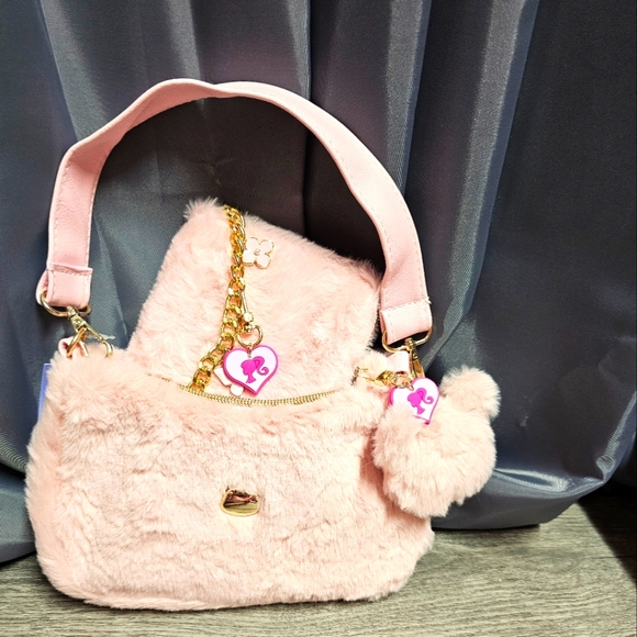 Pink Soft Fur Plush Shoulderbag Handbag With Fur Pom Pom Bag Charm - Picture 4 of 10